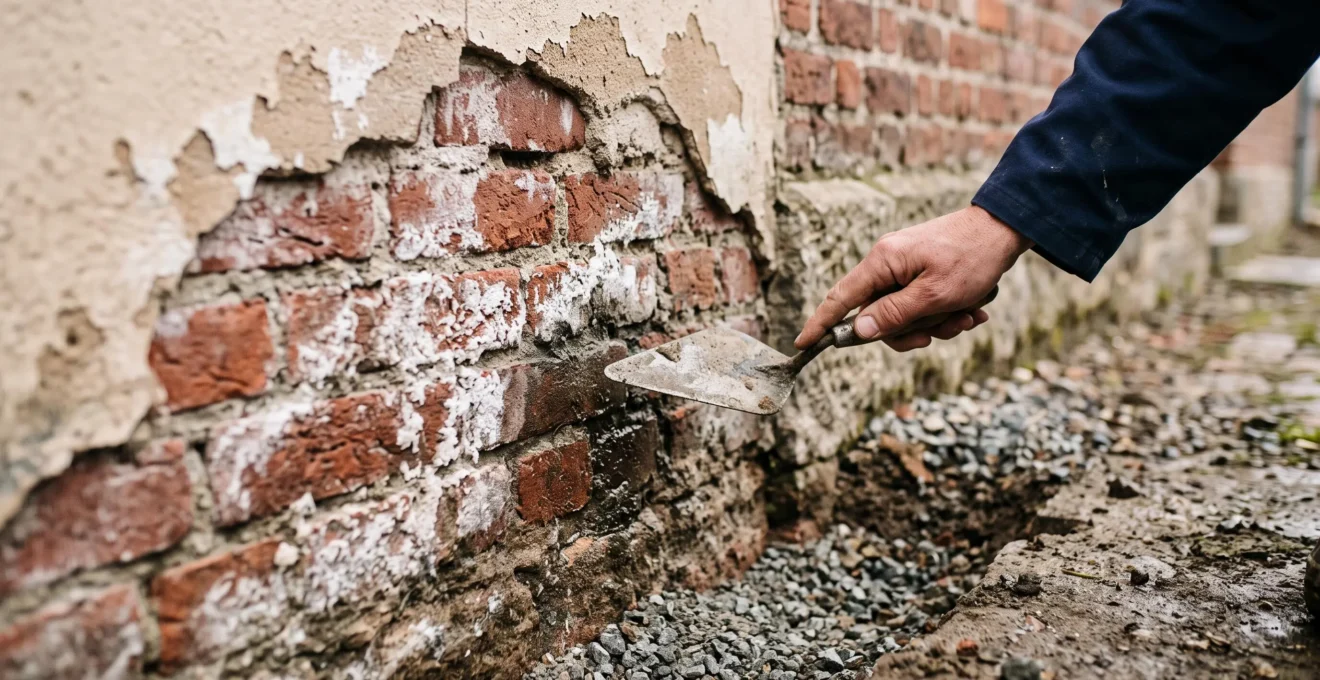 Gros plan sur un pied de mur extérieur en brique présentant du salpêtre et des traces d'humidité ascensionnelle.