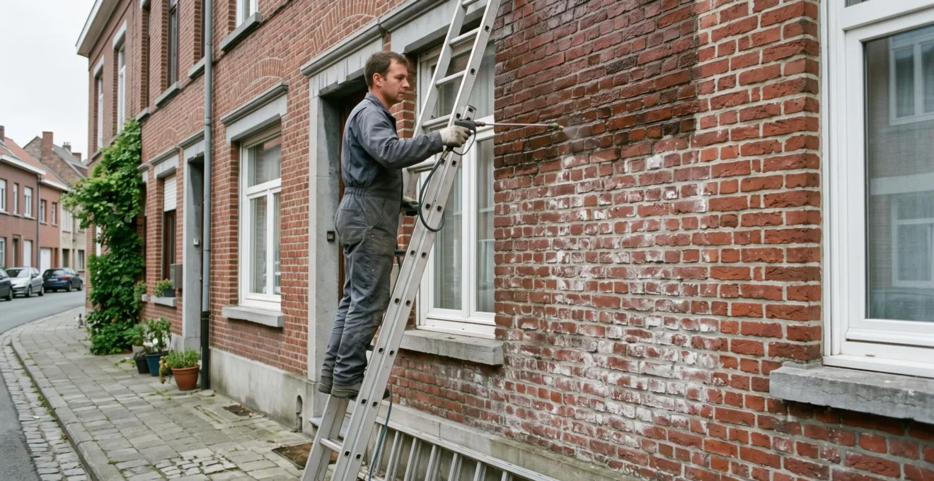 Un technicien applique un traitement hydrofuge au pulvérisateur sur la façade en brique humide d'une maison ancienne.