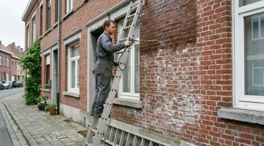 Un technicien applique un traitement hydrofuge au pulvérisateur sur la façade en brique humide d'une maison ancienne.
