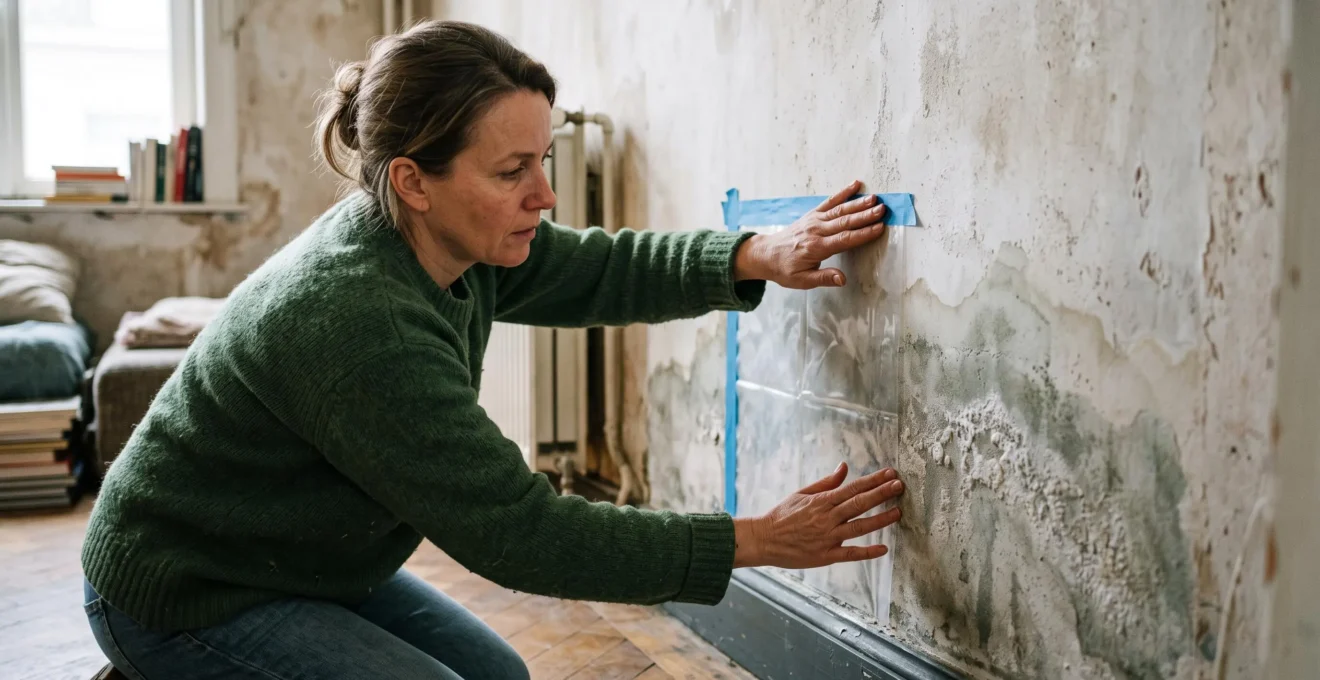Une personne colle un film plastique sur un mur intérieur taché d'humidité pour réaliser un test de diagnostic simple.